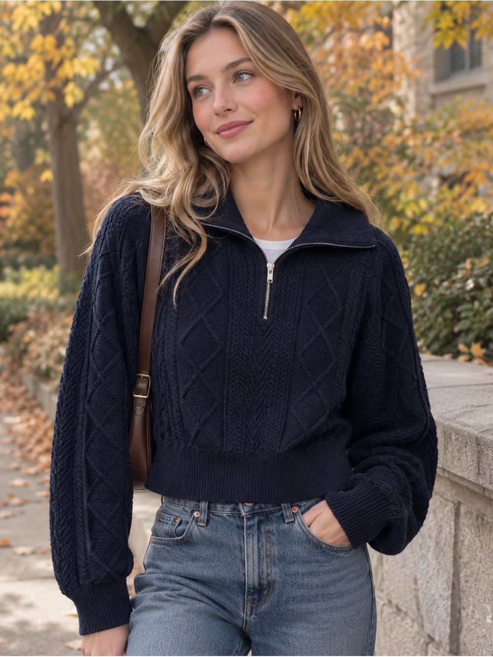 Cable Knit Half-Zip Sweater - Navy